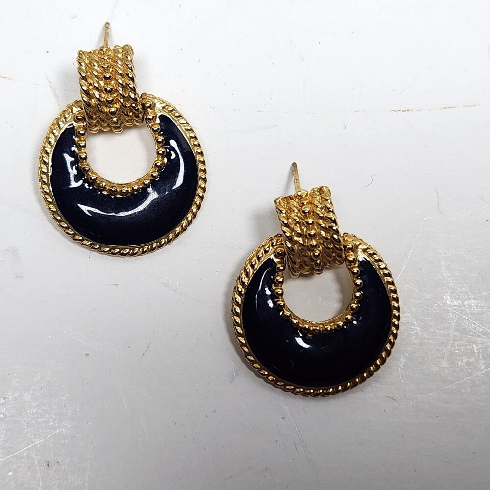 Vintage Door Knocker Earrings Nautical Posts 7/8 in. Navy Blue Gold